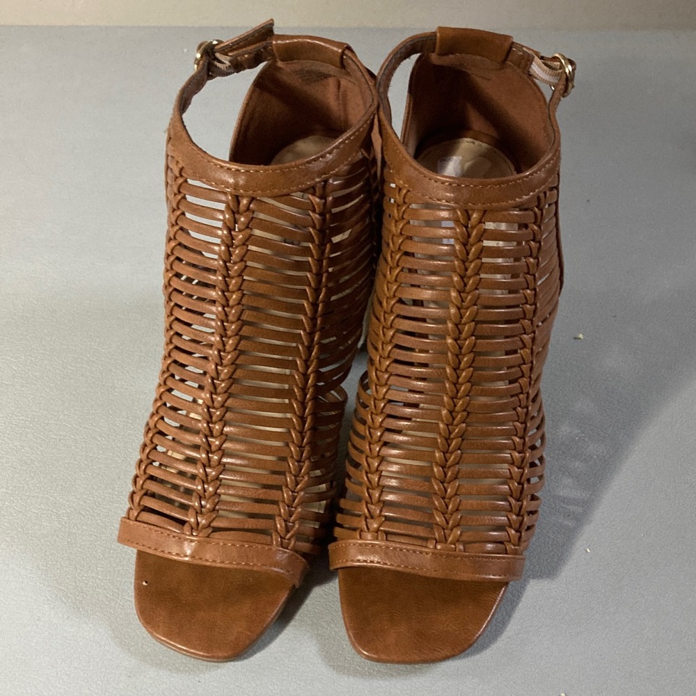 JustFab Brown Woven Peep-Toe Ankle Heels